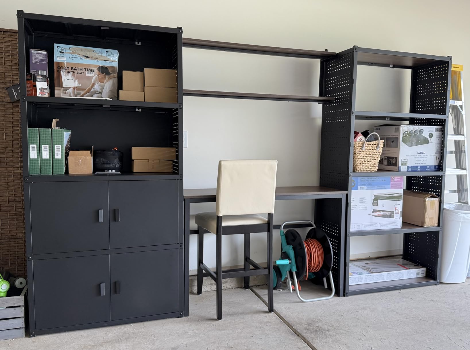 FLEXIMOUNTS Garage Storage Cabinet System, 3-in-1 Modular Metal Tool Cabinet w/Workbench and Metal Board Shelf Includes Pegboard, 24-Gauge Steel, 129