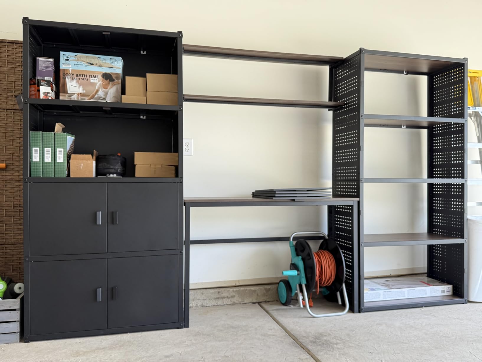 FLEXIMOUNTS Garage Storage Cabinet System, 3-in-1 Modular Metal Tool Cabinet w/Workbench and Metal Board Shelf Includes Pegboard, 24-Gauge Steel, 129