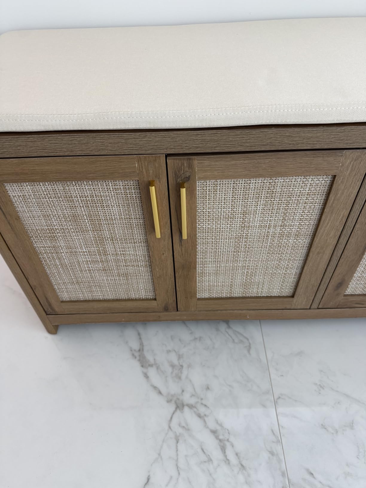 VASAGLE ELLAN Collection - Boho Shoe Bench with Cushion, Entryway Storage Bench with 4 Rattan-Look Cabinet Doors, Rounded Corners, Adjustable Shelf, for Bedroom Under Window, Natural Brown ULSB502KC01 customer photo 1