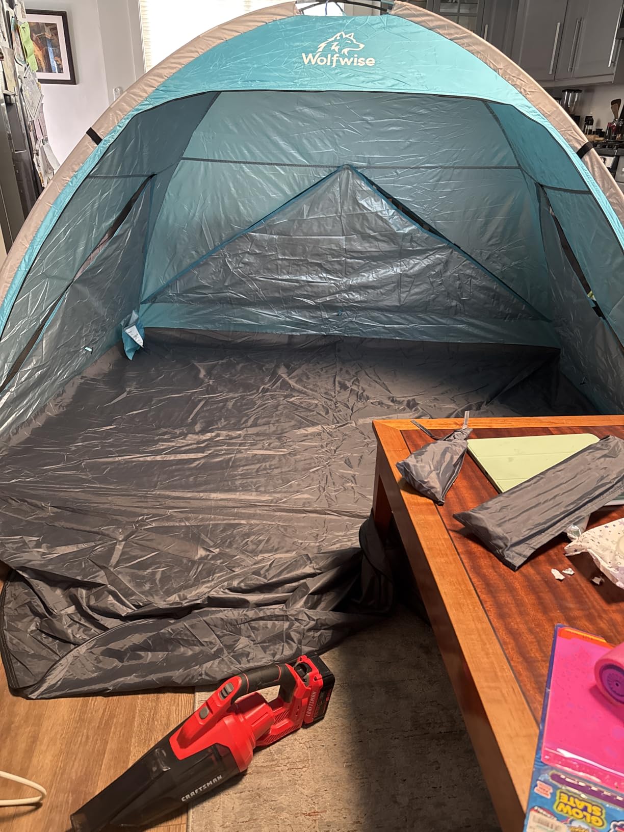 Wolfwise Portable Beach Tent Sun Shelter, Large Spacious Sun Shade for 3-4 Person, UPF 50+ UV Protection, Extendable Floor for Privacy, 3 Ventilated Mesh Windows, Carrying Bag, 95 x 65 x 55 in, Sky Blue customer photo 1