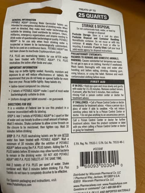 Potable Aqua Water Purification Tablets With PA Plus - Two 50 count Bottles customer photo 1