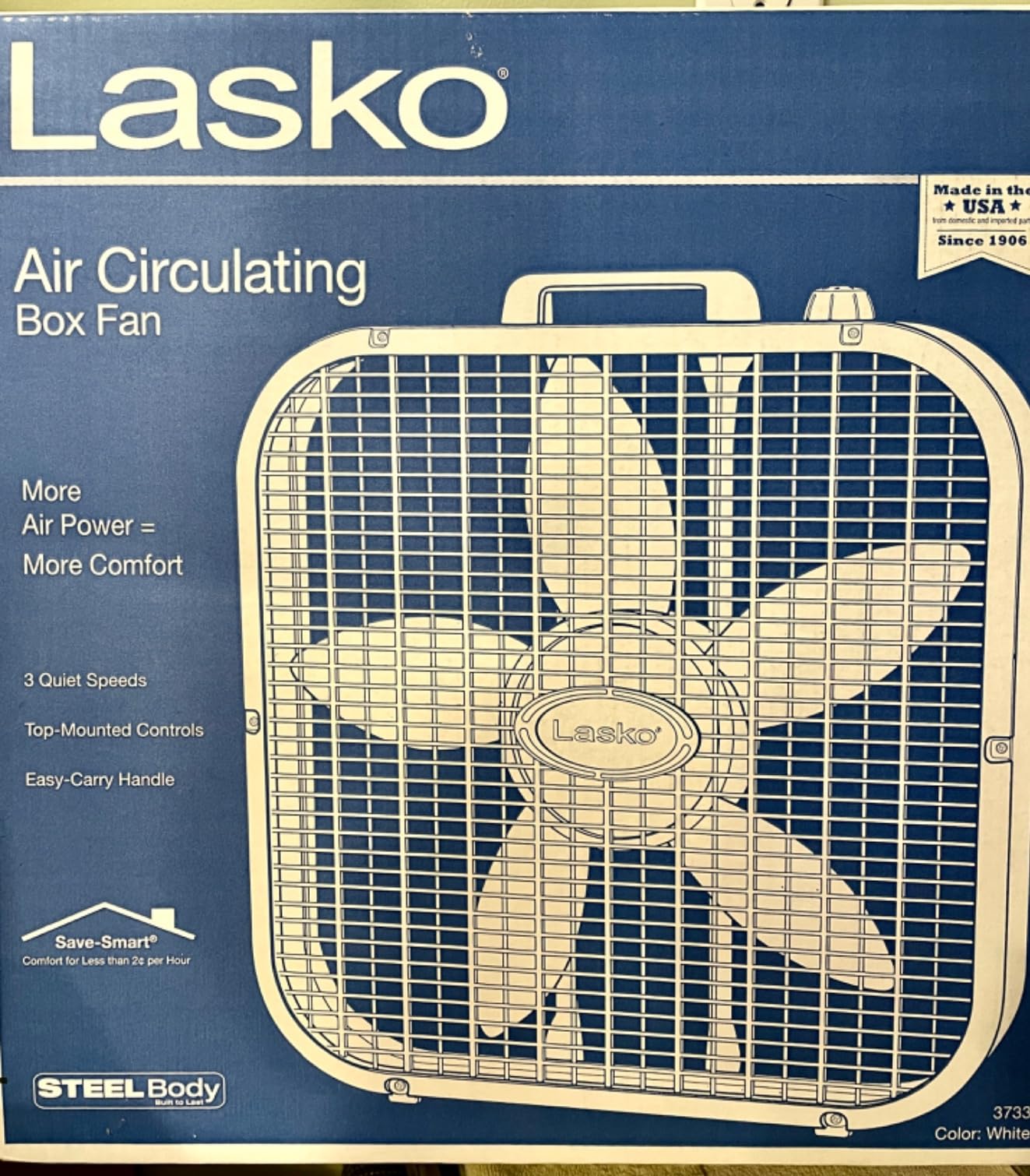 Lasko Weather-Shield Performance Box Fan, 3 Speeds, Innovative Wind Ring System for Up to 30% More Air, Carry Handle for Bedroom, Office, Home, 20 Inch, White, 3720 customer photo 2