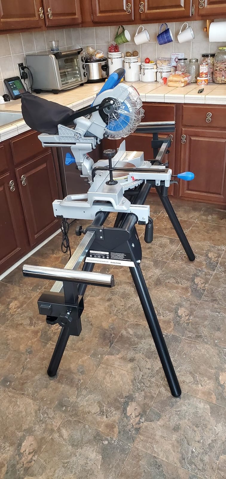 Evolution Power Tools EVOMS1 Miter Saw Stand Compact & Folding, Universal Fits Most Brands, Quick Release Mounting Brackets, Rollers, End Stops for Repeat Cutting , Black customer photo 1