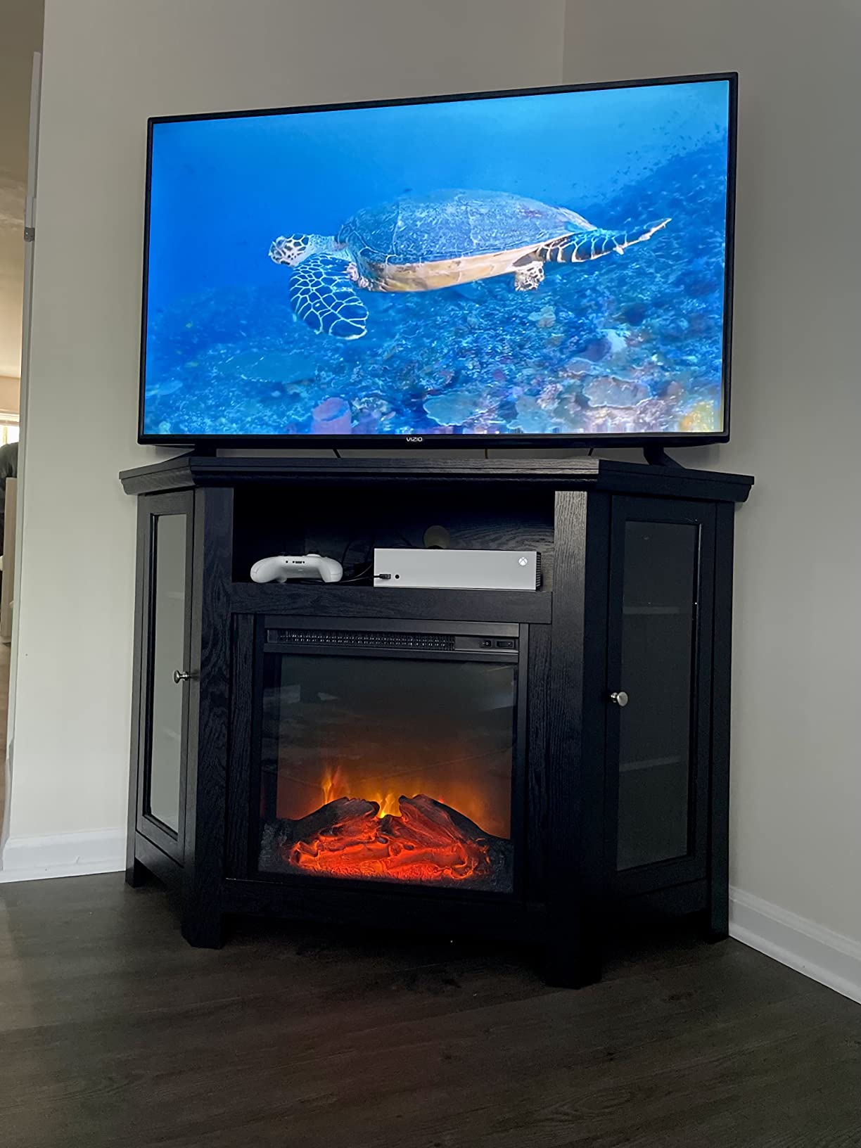 Walker Edison Alcott Classic Glass Door Fireplace Corner TV Stand for TVs up to 55 Inches, 48 Inch, White Oak customer photo 1