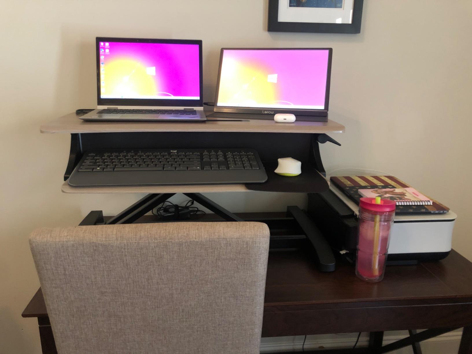 Ergotron – WorkFit-Z Mini Small Standing Desk Converter, Laptop Sit Stand Desk Riser for Tabletops and Home Office – 31 Inch Width, Grey Woodgrain customer photo 1