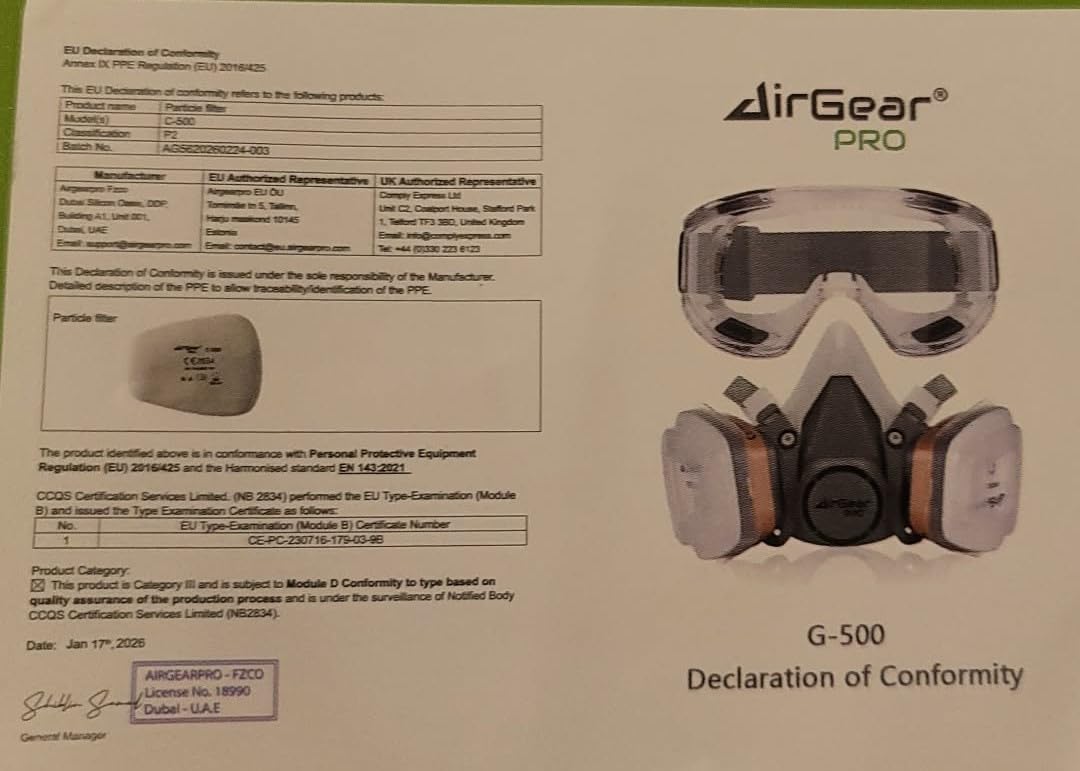 AirGearPro G-500 Reusable Respirator Mask with A1P2 Vapor & Dust Filters customer photo 1