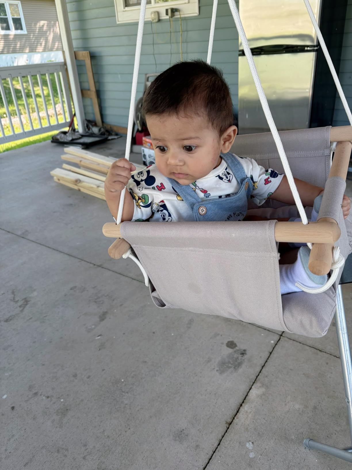 CaTeam Canvas Baby Swing Seat with 5-Point Safety Belt — Wooden Hanging Toddler Swing, Indoor & Outdoor, Ages 1-4, Ceiling Mount Hardware Included, Taupe Gray customer photo 2