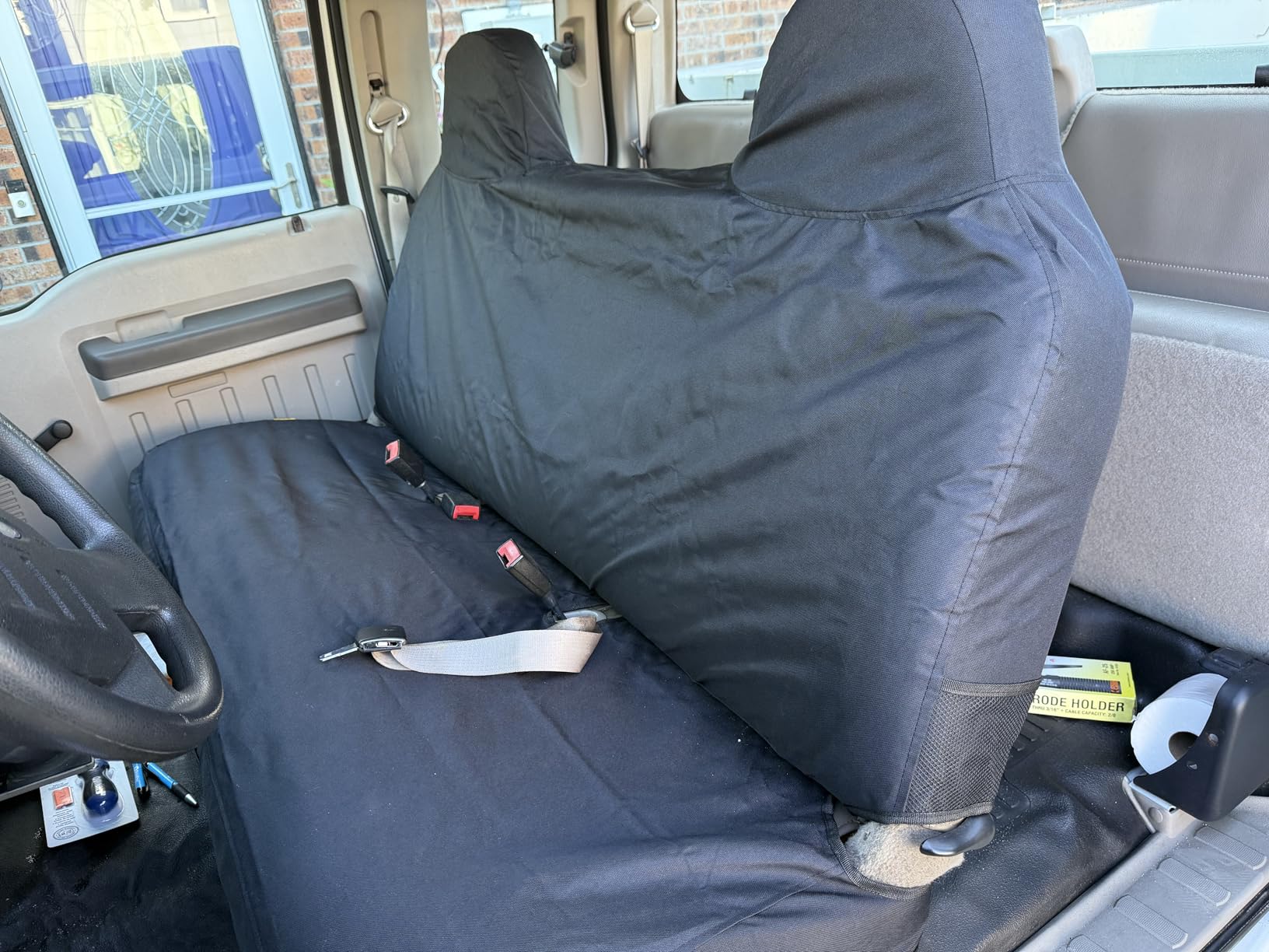 Caterpillar Custom Fit Front Bench Seat Cover with Utility Pockets for Ford F250 / F350 / F450 / F550 (1999-2007) - Durable Black Oxford Super Duty Interior Truck Seat Cover customer photo 2