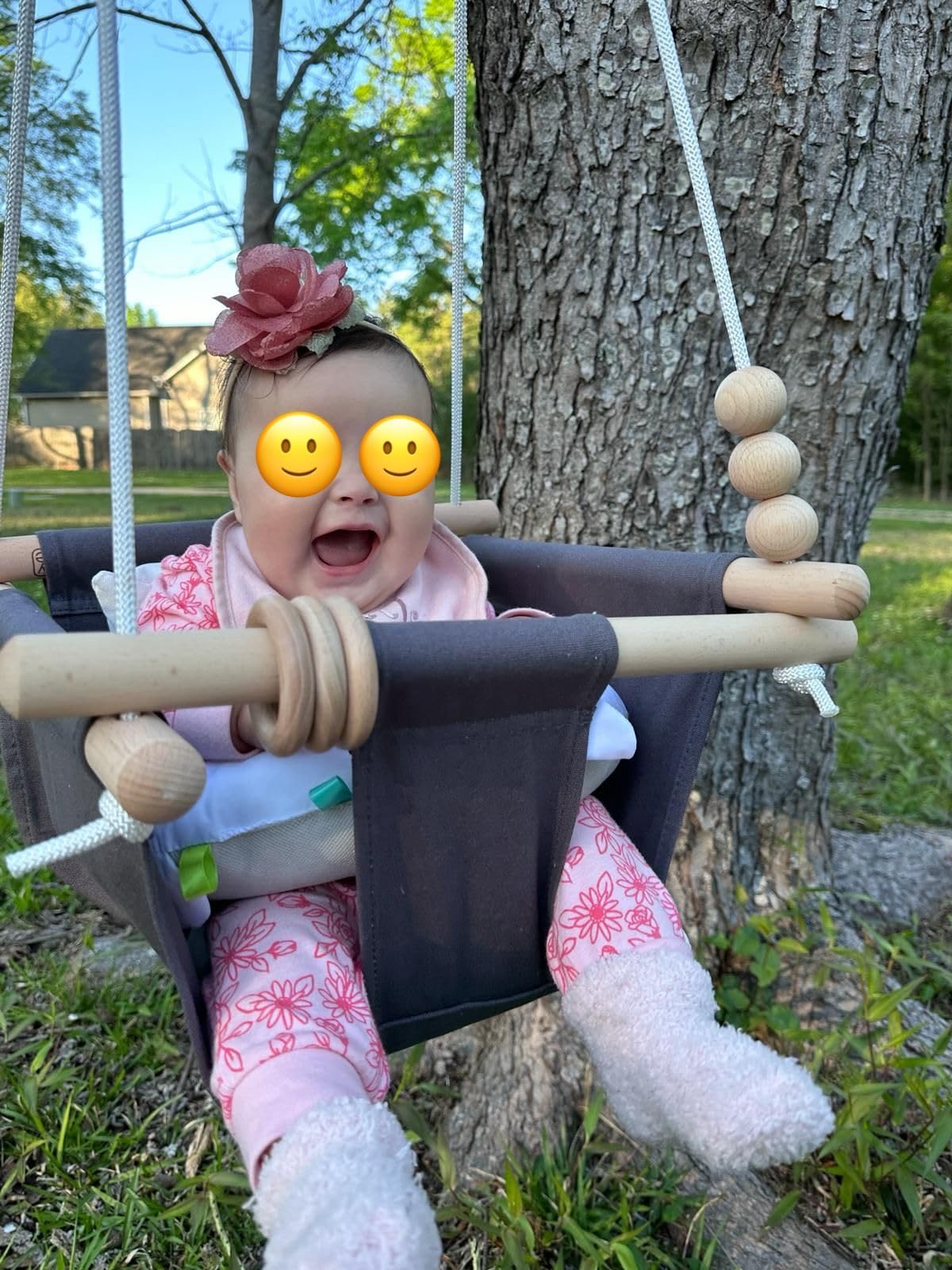 Monkey & Mouse Baby Swing, Cream Indoor Outdoor Portable Hanging Chair, Infant & Toddler Kids 12 Months - 4 Years, Cotton Canvas & Beech Wood Frame, Sensory Hammock Boy & Girl Seat w/Wooden Toys customer photo 2