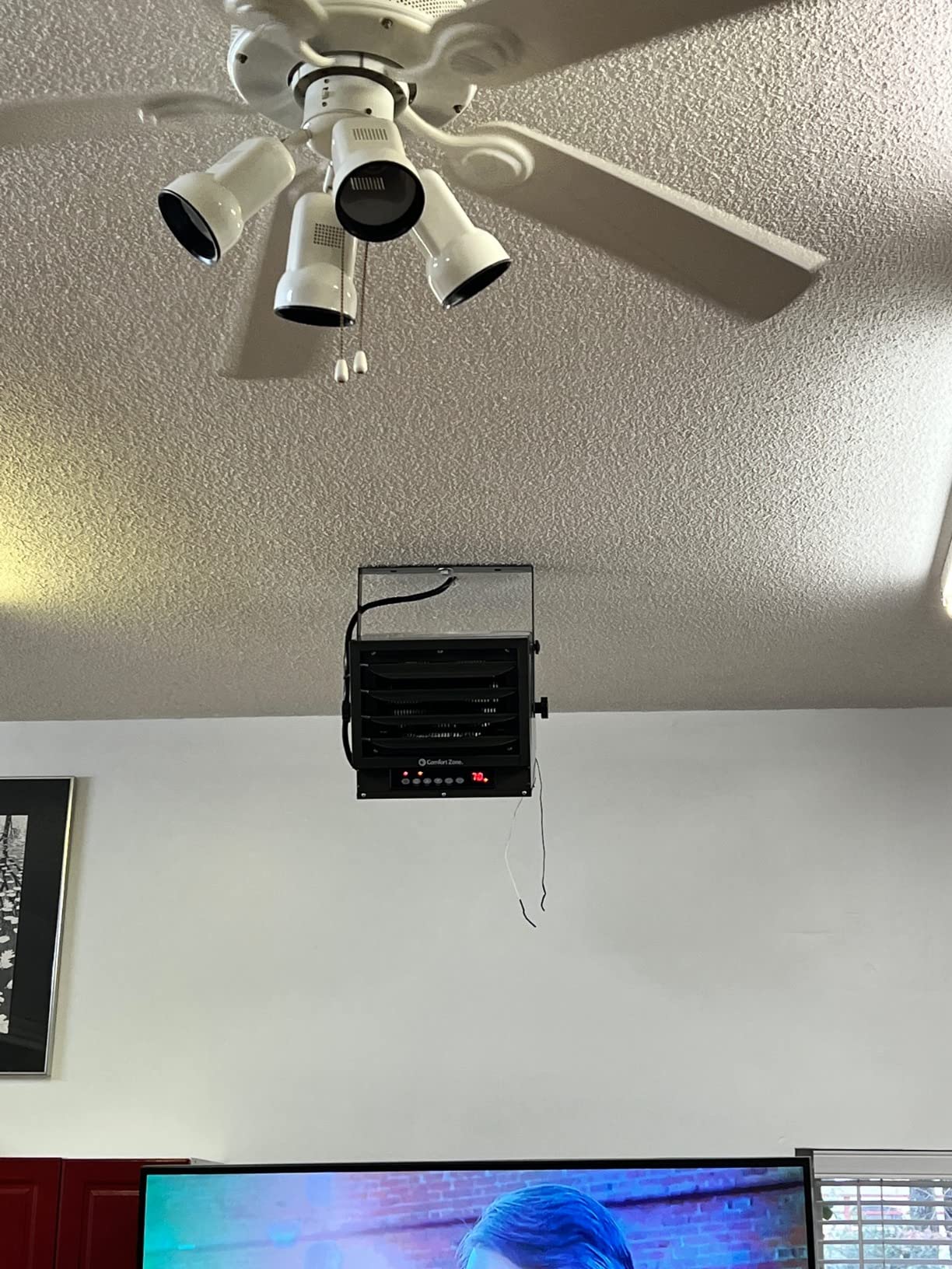 Comfort Zone Hard-Wired Ceiling Mount Garage Space Heater with Remote, 7,500 Watt, 240 Volt, Fan-Forced, Overheat Protection, Digital Thermostat, 12-Hour Timer, Ideal for Garage & Workshop, CZ230ERBK | Digital thermostat, 12-hour timer, and remote control. Directional louvers and tilting mount for precise airflow. customer photo 2