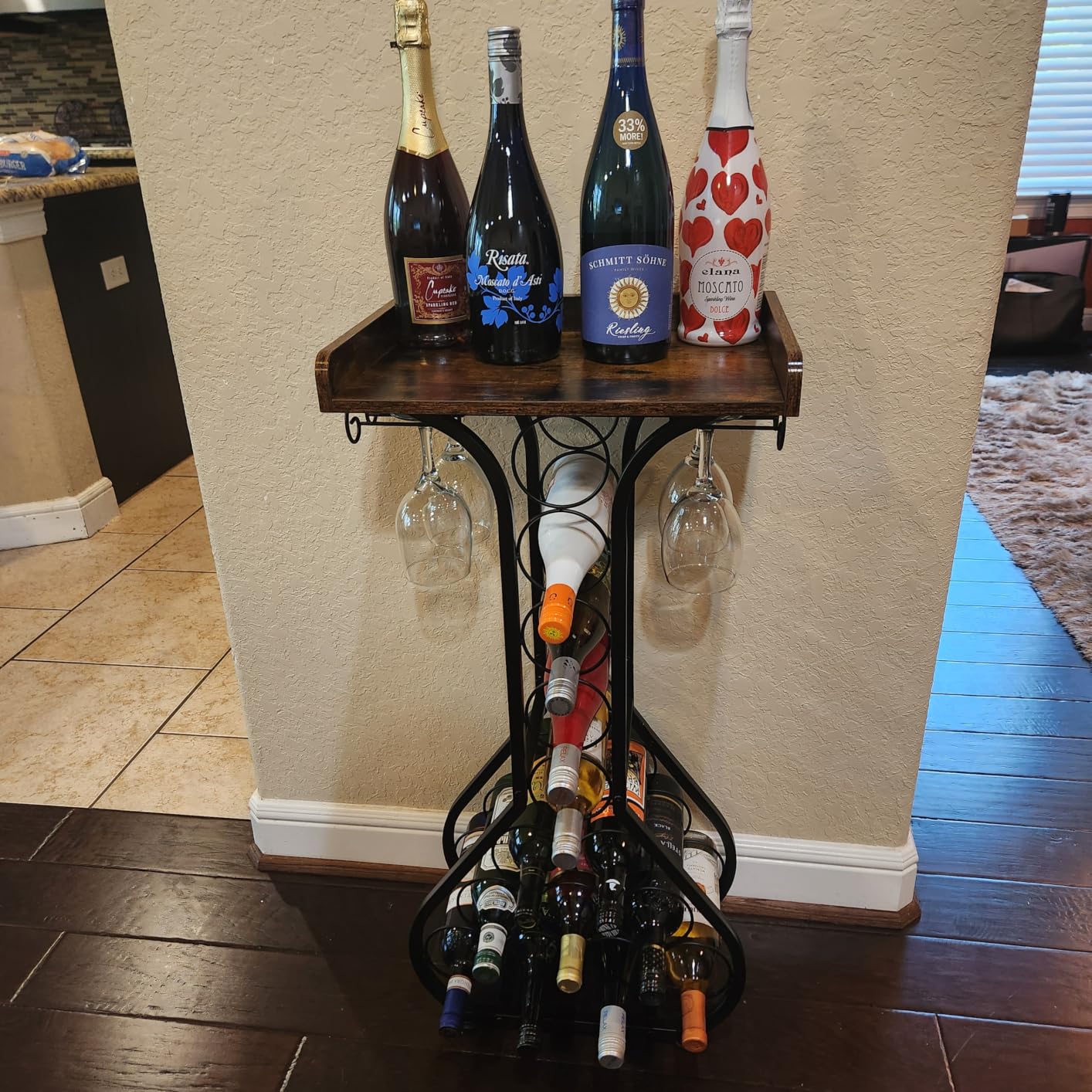 X-cosrack Wine Rack Freestanding Floor, Mini Bar Table Wine Holder Stand Liquor Cabinet with Glass Holder Wood Tabletop 14 Bottles Floor Wine Storage for Home Bar Kitchen Living Room customer photo 1