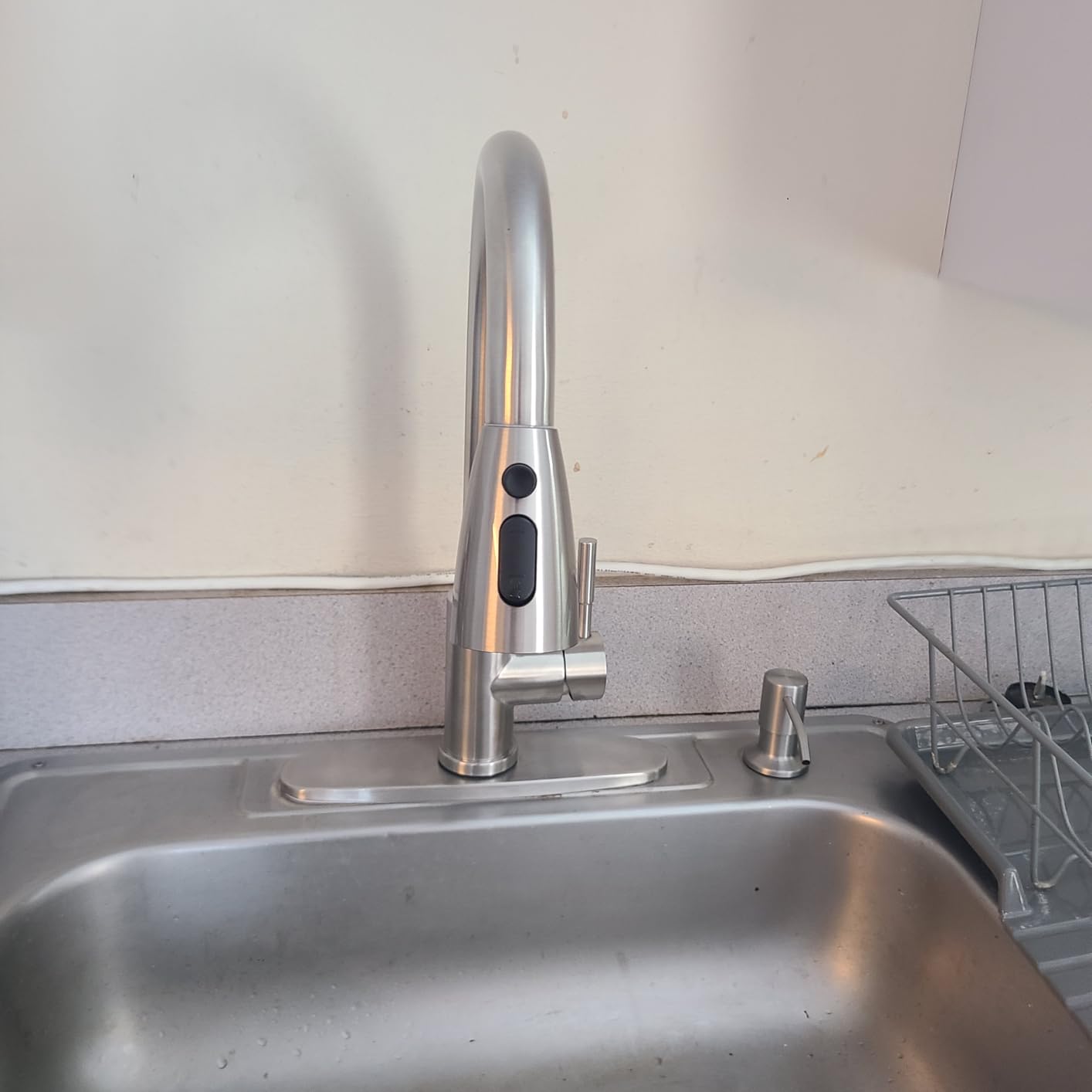 WOWOW Kitchen Faucet with Soap Dispenser: 304 Stainless Steel Kitchen Sink Faucet with Pull Down Sprayer 3 Modes, Single Handle High Arc Mixer Taps for Sink, RV, Laundry, Bar (Brushed Nickel) customer photo 2