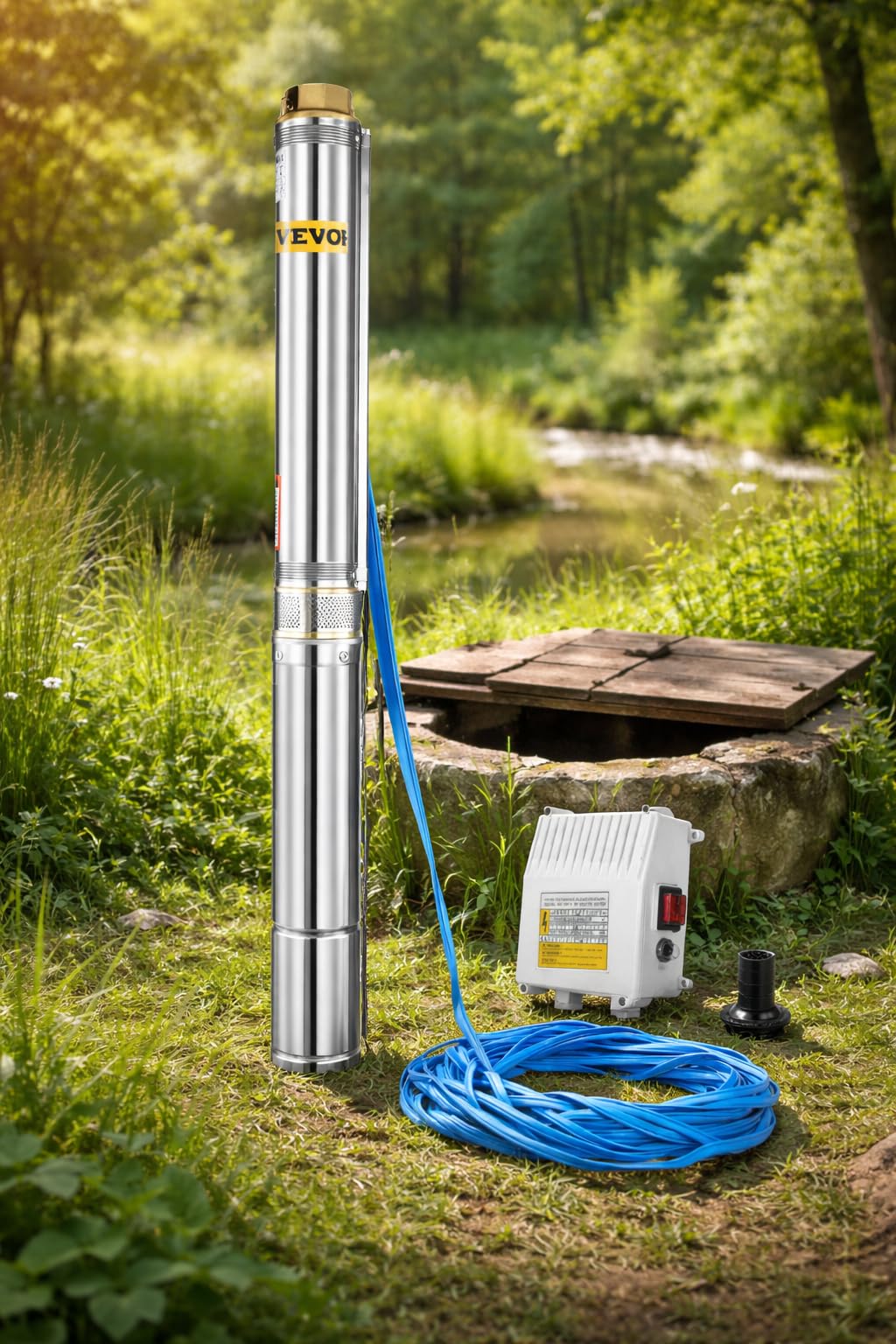 VEVOR Deep Well Submersible Pump, 1.5HP 115V/60Hz, 37gpm 276ft Head, with 33ft Cord & External Control Box, 4