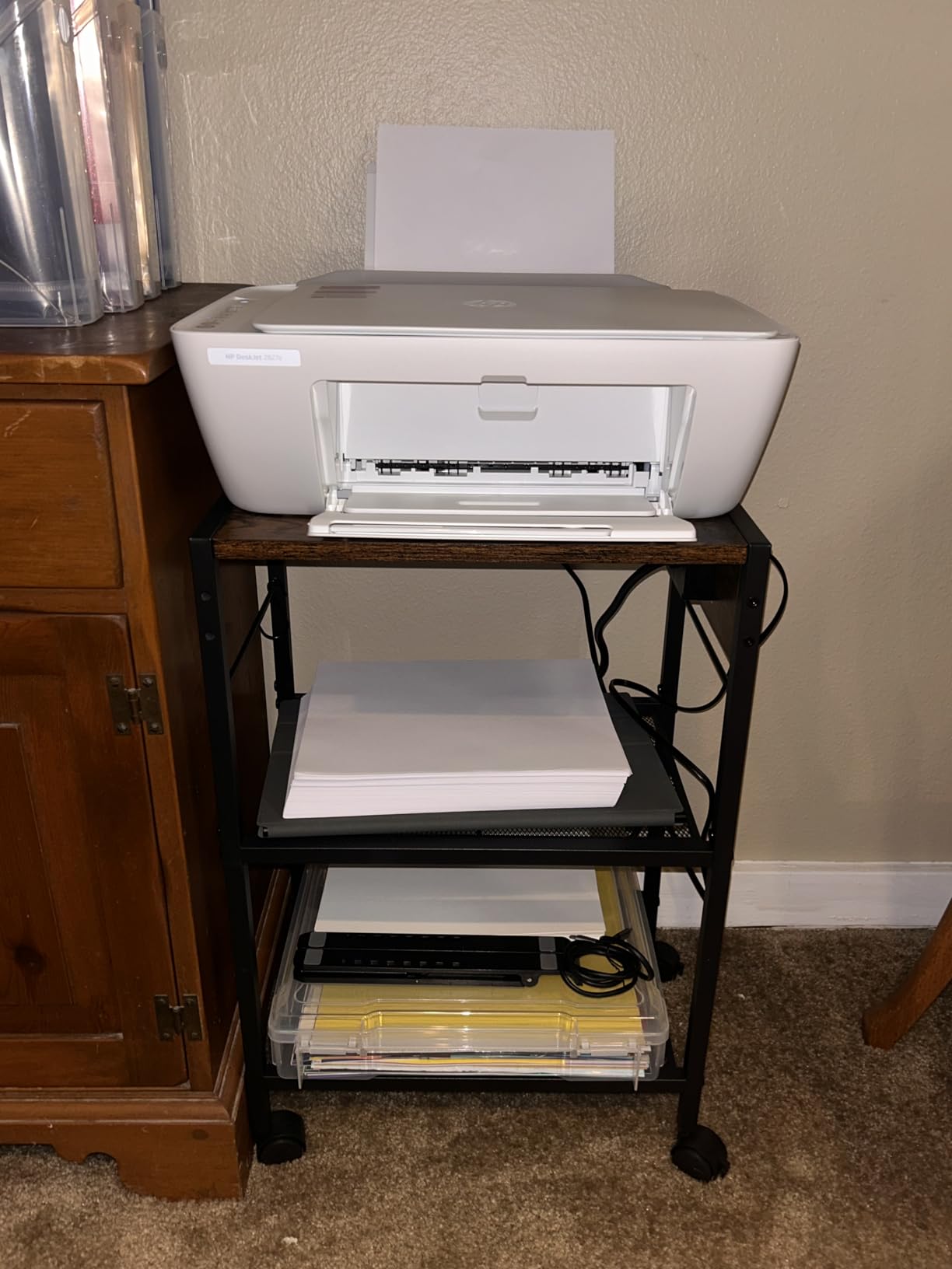 HOOBRO Industrial Printer Stand, 3-Tier Mobile Printer Table, Rolling Cart with Power Outlets and USB Ports, Home Printer Stand with 2 Hooks, for Office, Living Room, Rustic Brown BF22UPS01 customer photo 1
