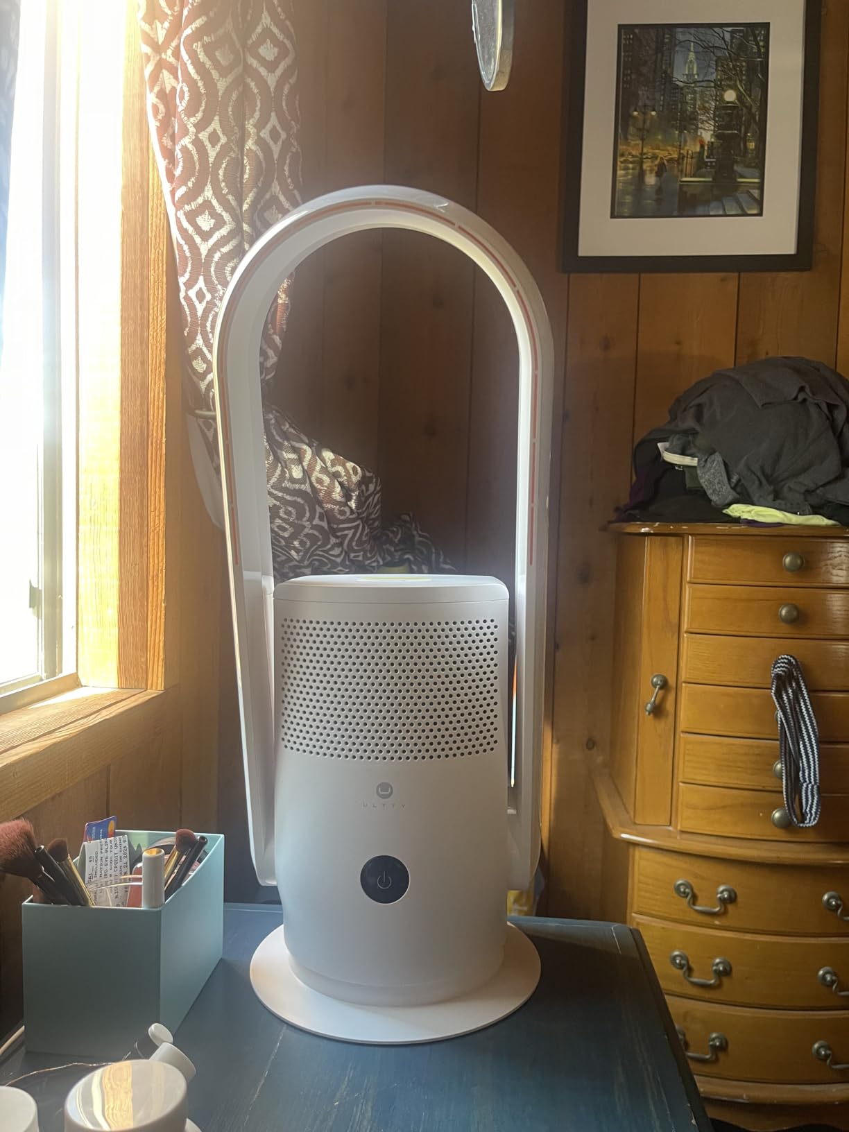 ULTTY Bladeless Tower Fan and Air Purifier Combo, Quiet Oscillating Fan with Remote & Touch Control, 9 Speeds, 8H Timer, HEPA Air Filter, Safe Floor Fan for Bedroom Home Office Black, 23.5