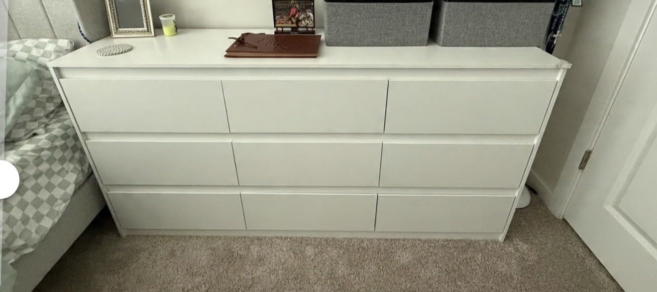 9 Drawer Dresser for Bedroom with Deep Drawers, Large Floor Wood Dressers & Chest of Drawers Handle Free, Modern White Long Dressers for Closet Living Room, Euro Slide (63