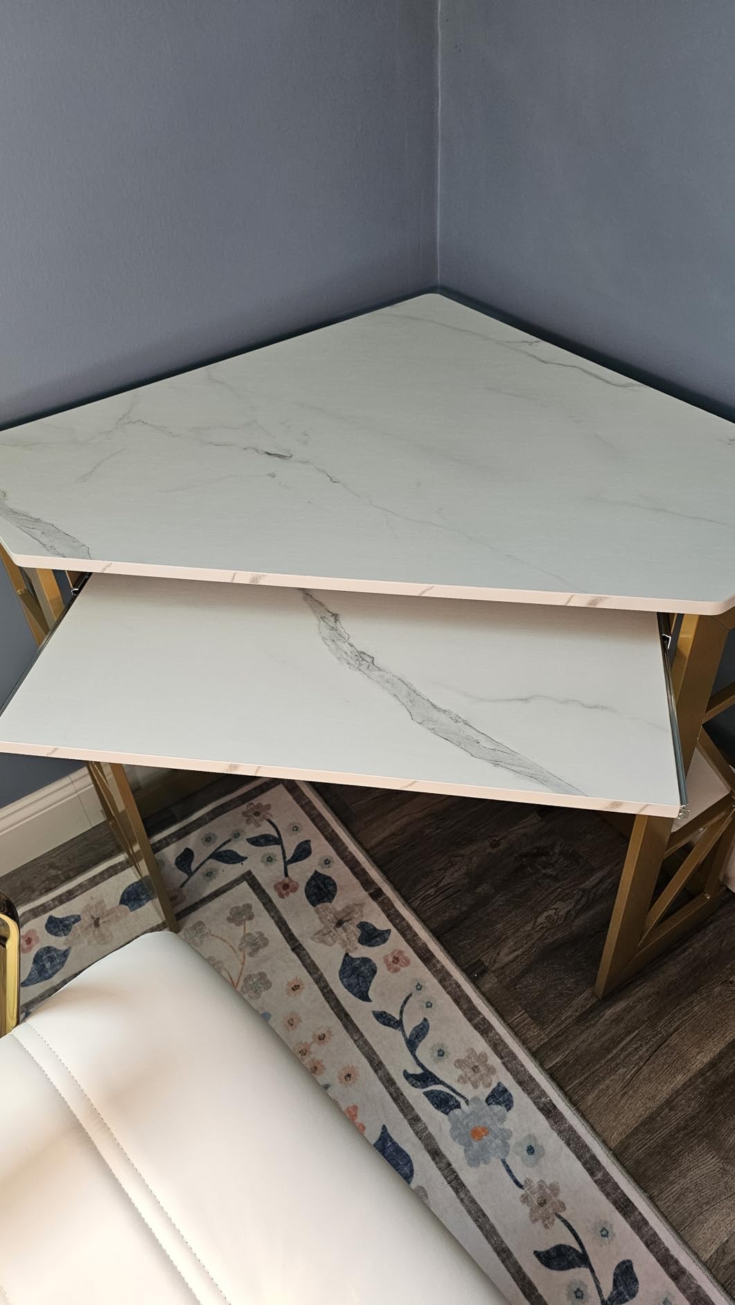 VECELO Corner Computer Desk 41 x 30 inches with Smooth Keyboard & Storage Shelves for Home Office Workstation,White & Gold customer photo 1