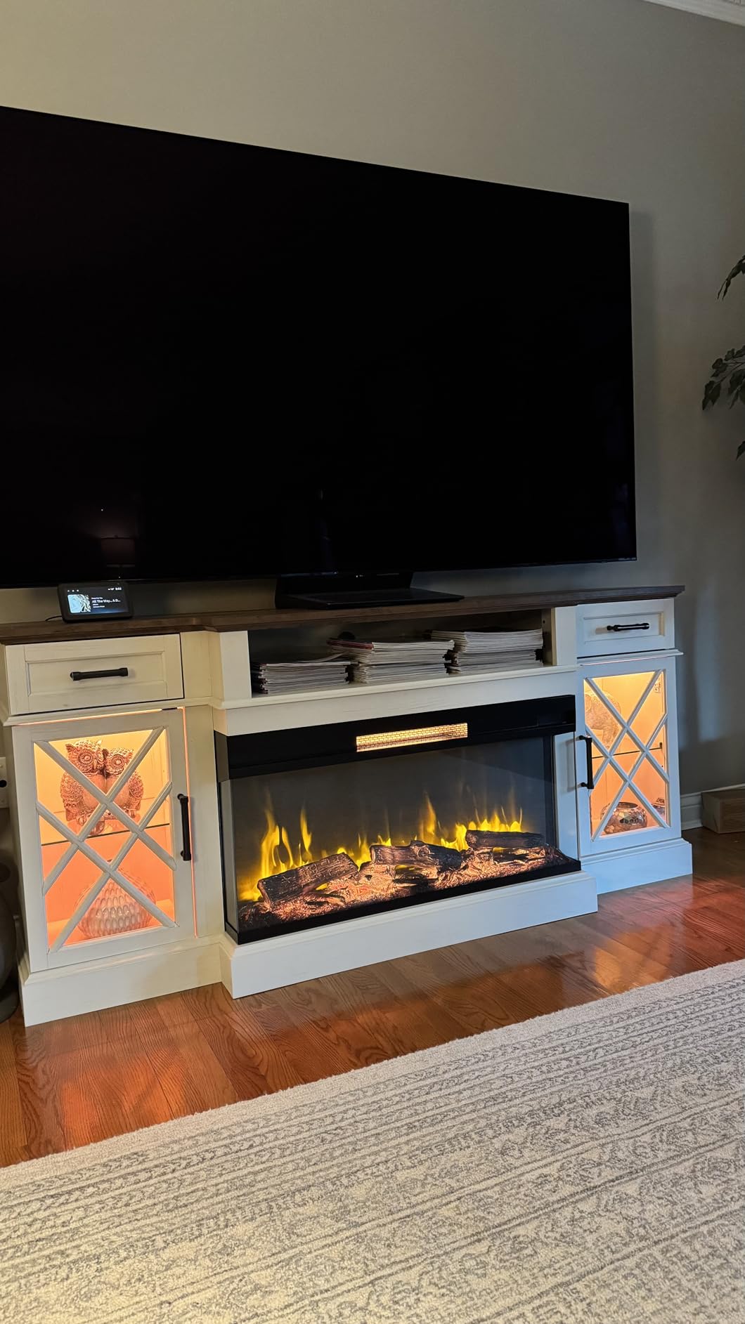 OKD 3-Sided Glass Farmhouse Electric Fireplace TV Stand for TVs up to 80'', Highboy Entertainment Center with Glass Door Storage Cabinet, 70'' Large TV Stands with 36'' Fireplace, Antique White customer photo 1
