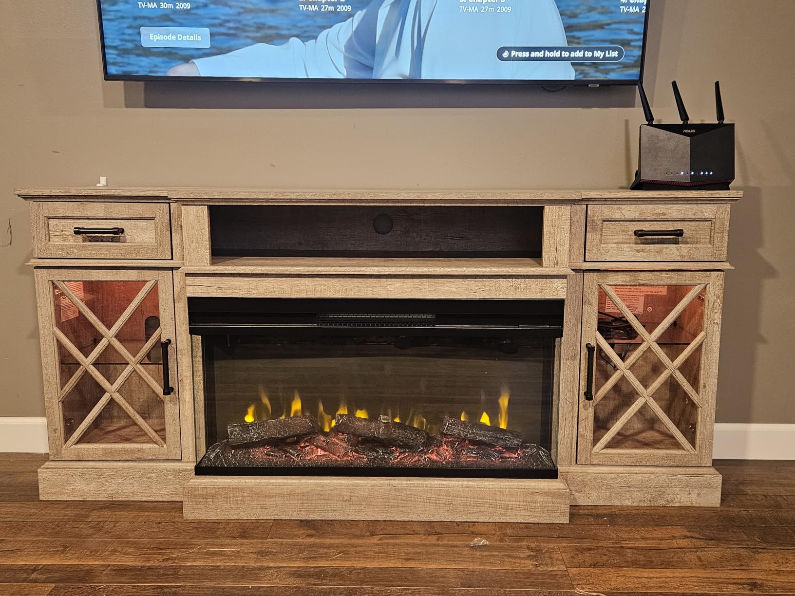 OKD 3-Sided Glass Farmhouse Electric Fireplace TV Stand for TVs up to 80'', Highboy Entertainment Center with Glass Door Storage Cabinet, 70'' Large TV Stands with 36'' Fireplace, Antique White customer photo 2