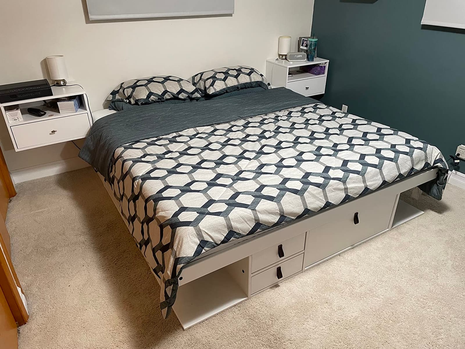memomad Bali Queen Size Set: Storage Platform Bed with Drawers and Compartments + Storage Headboard with Doors, Solid Pine Wood Furniture with Underbed Storage, No Box Spring Needed, Caramel Brown customer photo 2