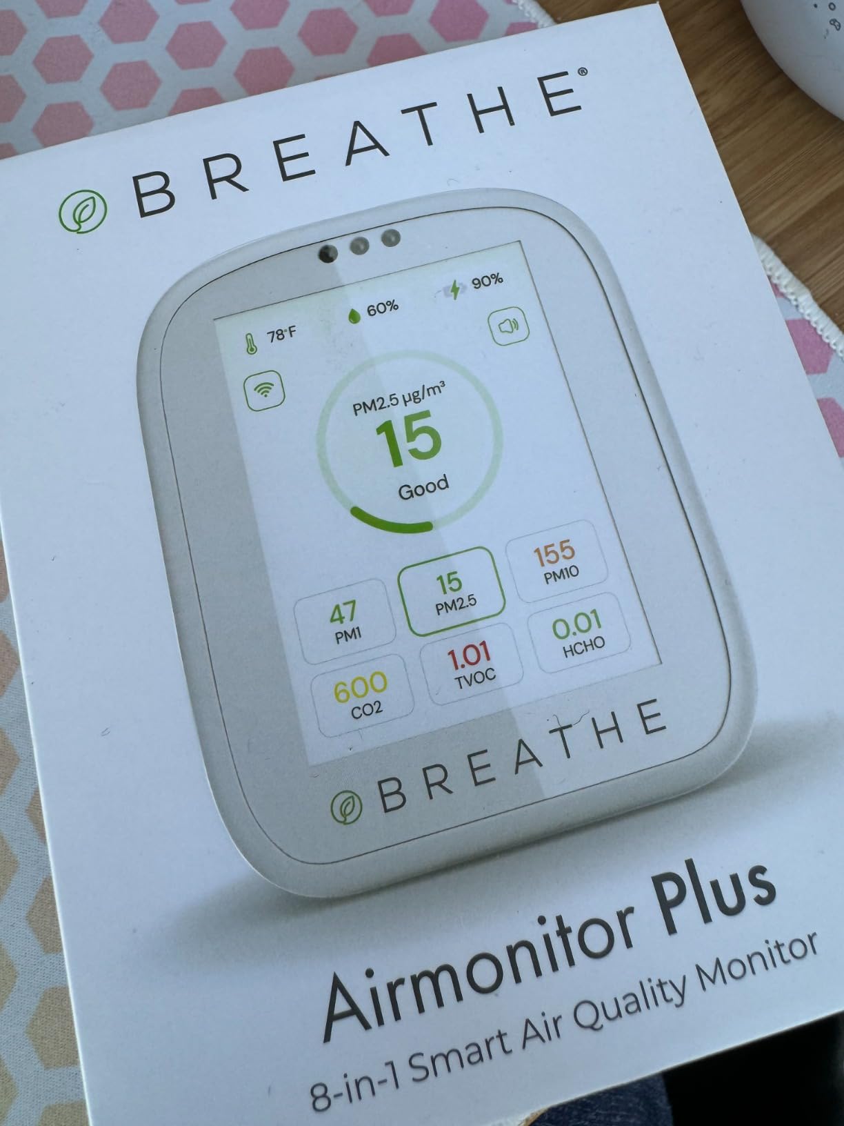 BREATHE Airmonitor Plus Indoor Air Quality Monitor w/CO₂, PM & App. Gen 2. | Professional-Grade NDIR Sensor, PM1, PM10, TVOC, Formaldehyde, Smart Alerts, 90-Day History, CSV Export. 6 Hour Battery Life. customer photo 1