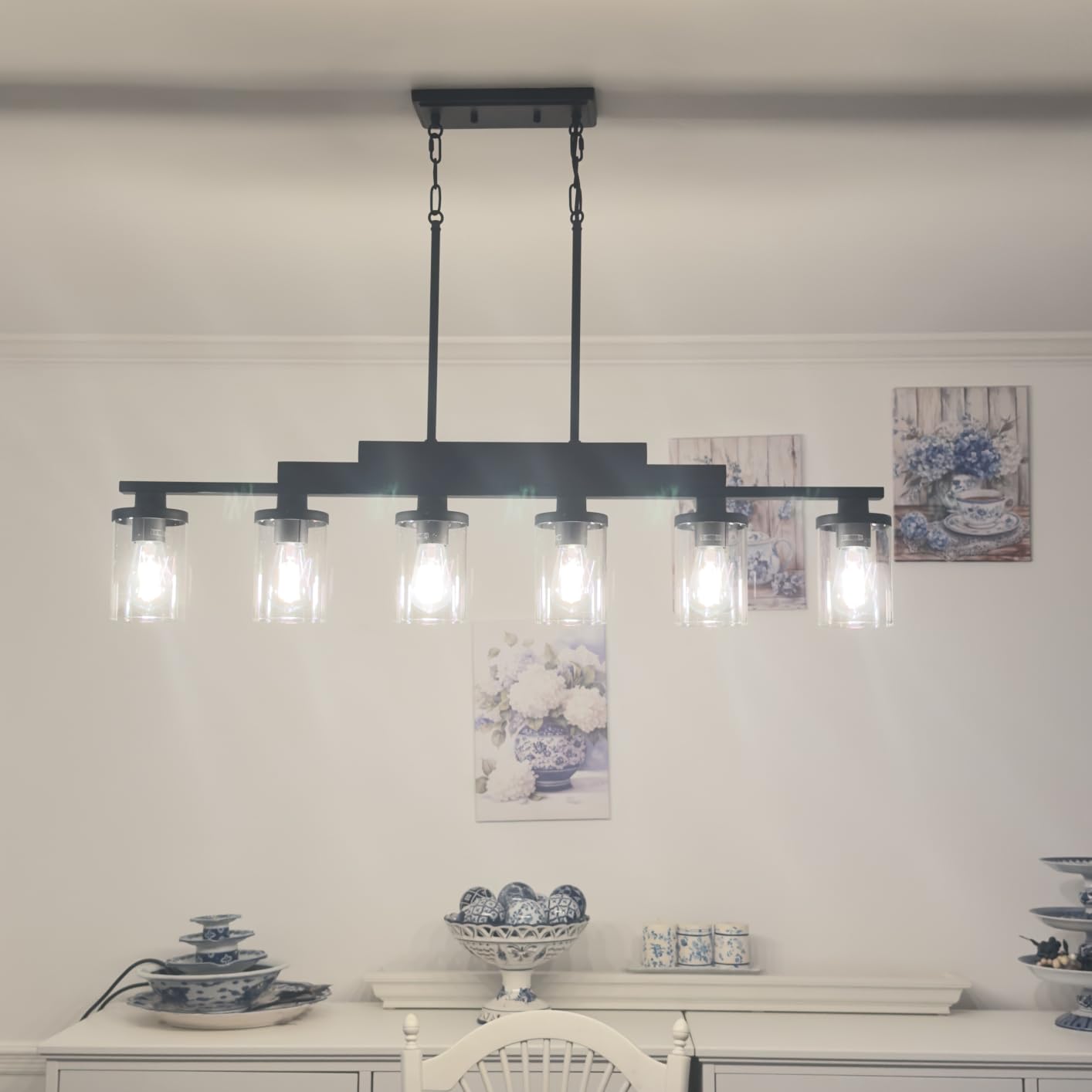 Wood Island Light for Kitchen/Restaurant,3-Light Farmhouse Dining Room Fixture/Chandelier Over Table/Bar,Matte Black Industrial Linear Pendant Lighting Fixtures Ceiling Hanging with Glass Shade-E26 customer photo 1
