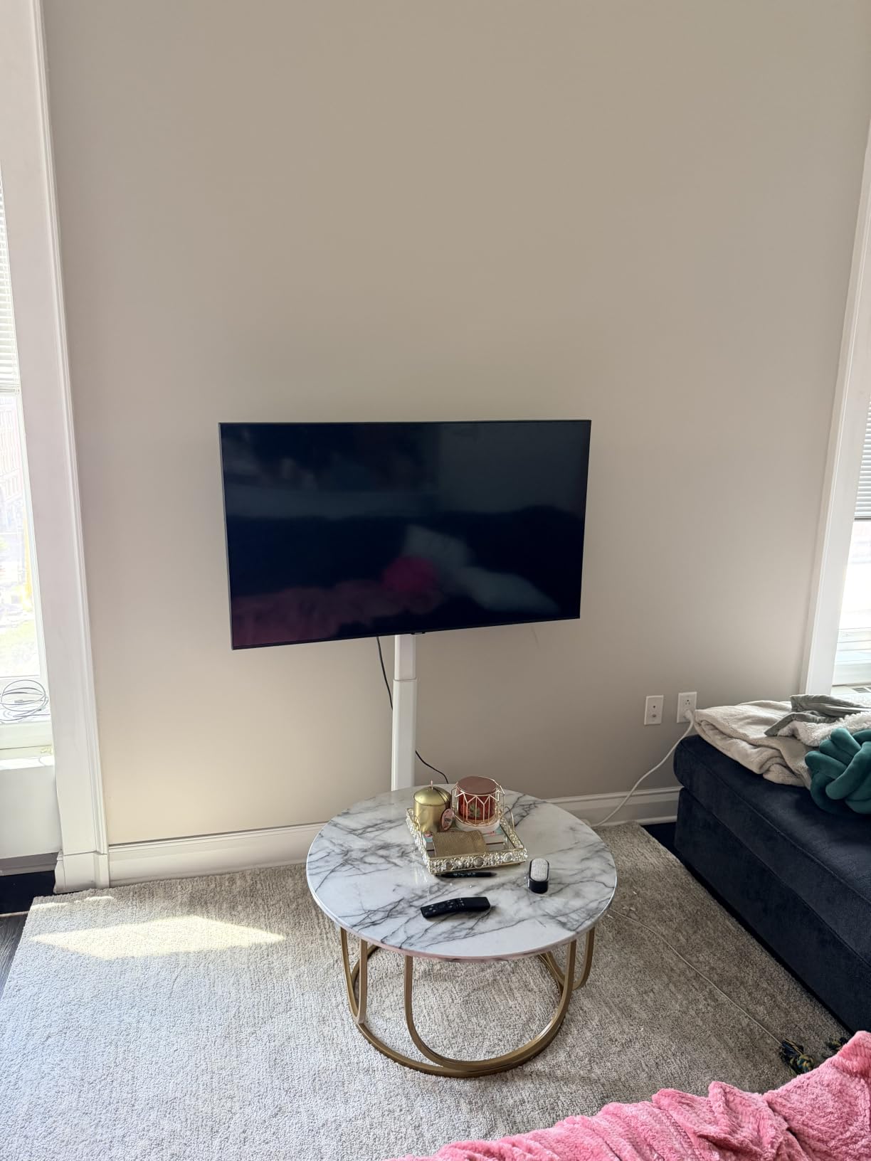 AX WABER Universal Floor TV Stand with Mount 70 Degree Swivel 9 Level Height Adjustable and Space Saving Design for Most 27 to 65 inch LCD, LED OLED TVs, Perfect for Corner & Bedroom White AX1006TW customer photo 2