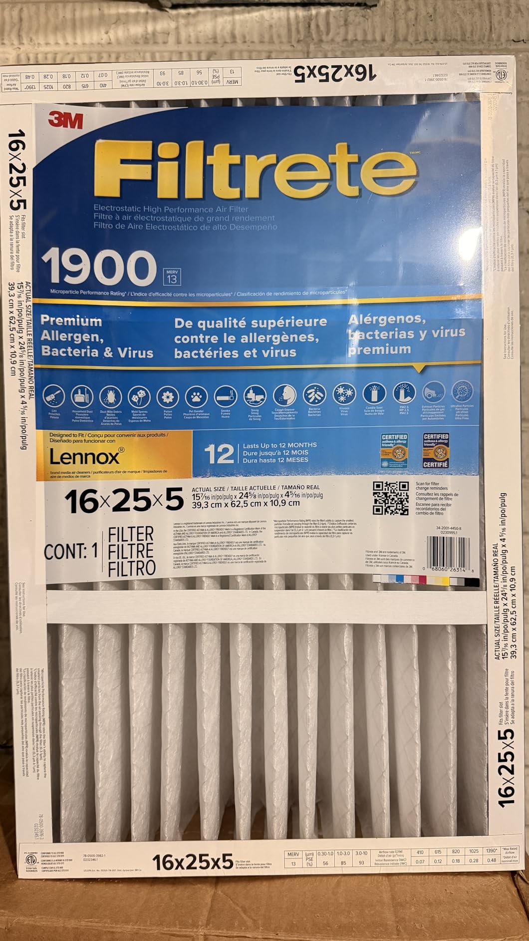 Filtrete 16x25x4 AC Furnace Air Filter, MERV 13, MPR 1900, Premium Allergen, Bacteria & Virus Filter, Electrostatic Air Cleaning Filter, 2-Pack (Actual Size 15.44 x 24.62 x 4.31 in) customer photo 2