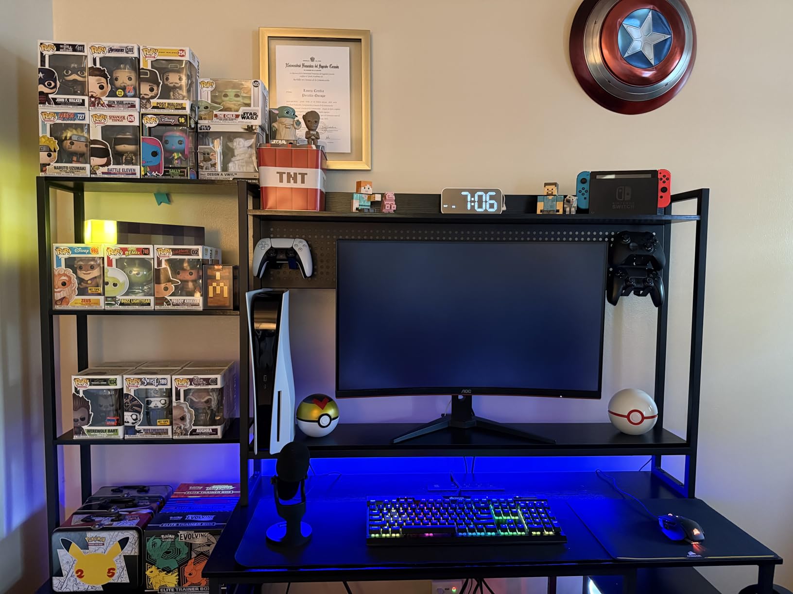 UPOSOJA Gaming Desk with Hutch, 65in Reversible Computer Desk with Power Outlets LED Light, Home Office Desk with Monitor Stand 2 Drawers 4 Storage Shelves Pegboard 8 Hooks Mouse Pad (Black) customer photo 1