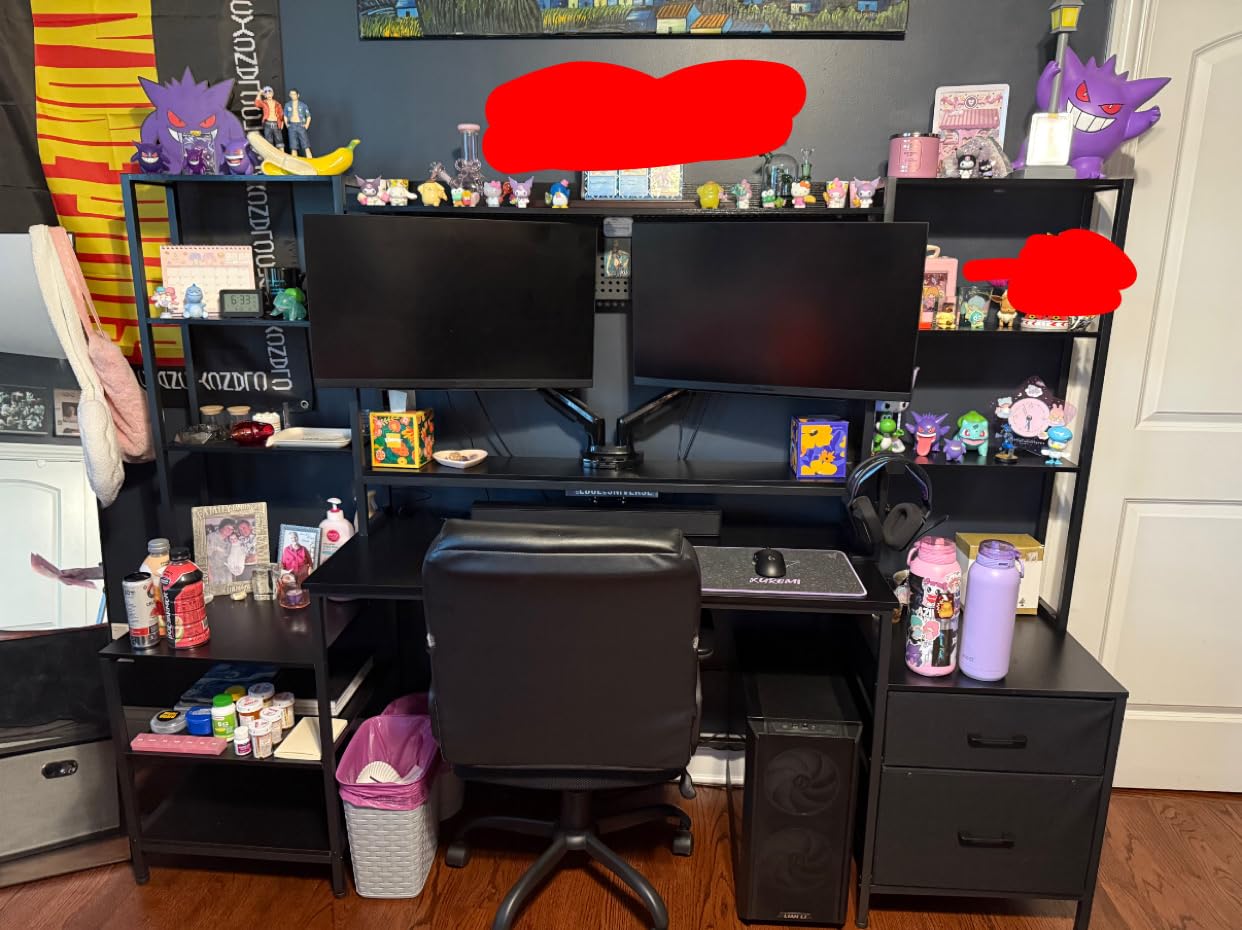 UPOSOJA Gaming Desk with Hutch, 65in Reversible Computer Desk with Power Outlets LED Light, Home Office Desk with Monitor Stand 2 Drawers 4 Storage Shelves Pegboard 8 Hooks Mouse Pad (Black) customer photo 2