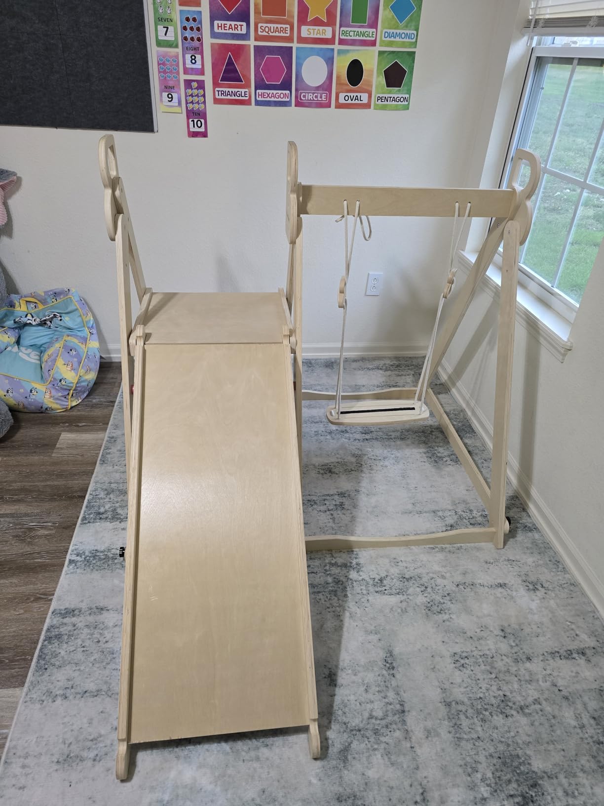 BlueWood 4 in 1 Indoor Jungle Gym, Foldable Wooden Climbing Set with Swing, Slide, Ladder and Climbing Wall, Montessori Philosophy Climber Playset for Kids Aged 2+ (Sky Blue) customer photo 2