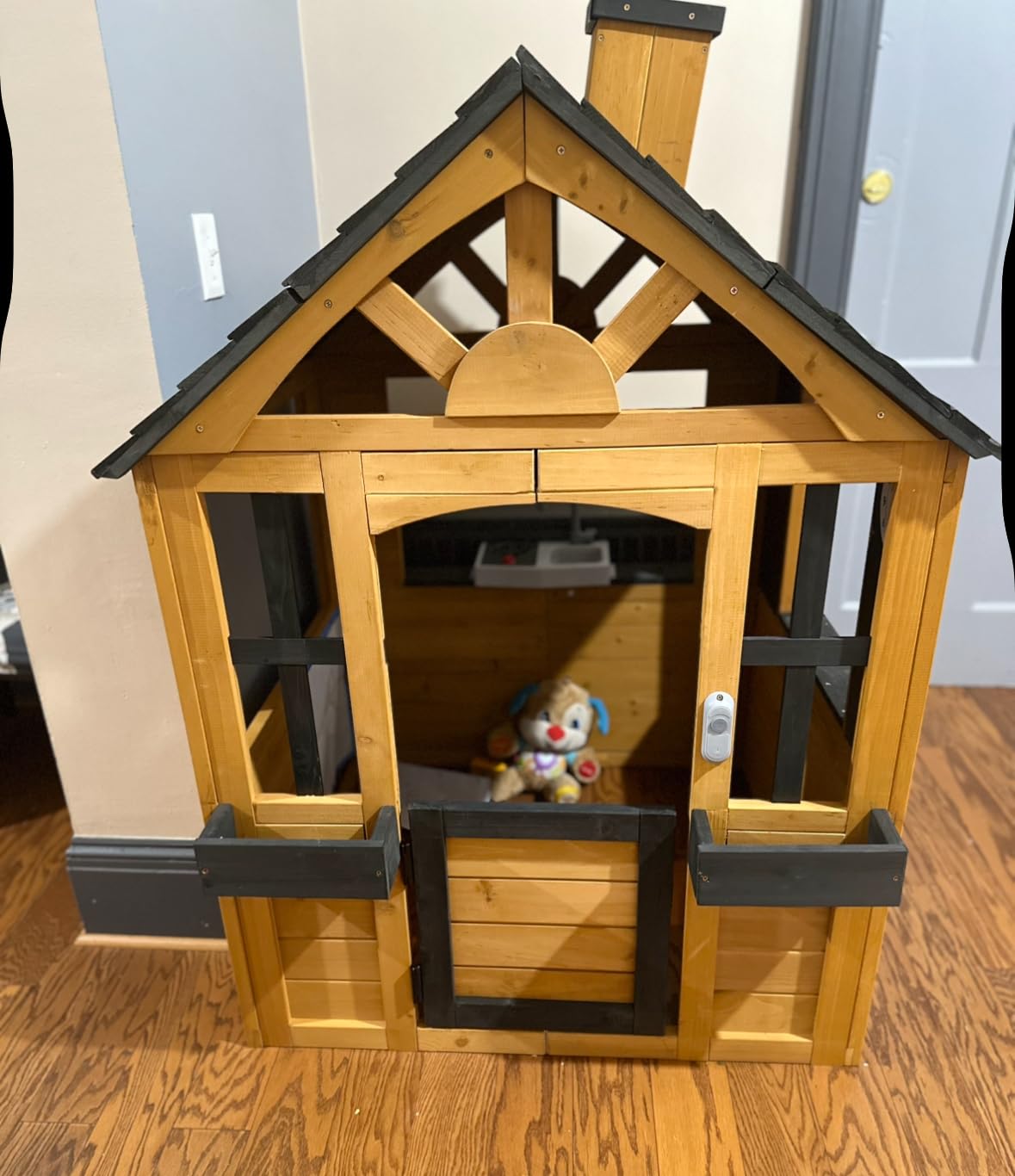 Jocoevol Kids Outdoor Playhouse, Cedar Wooden Kids Playhouse with Play Kitchen, Pet Door, Sink, Stove, Cookware, Windows, Flowerpot Holders, Ringing doorbell, Cottage Play House for Backyard customer photo 2