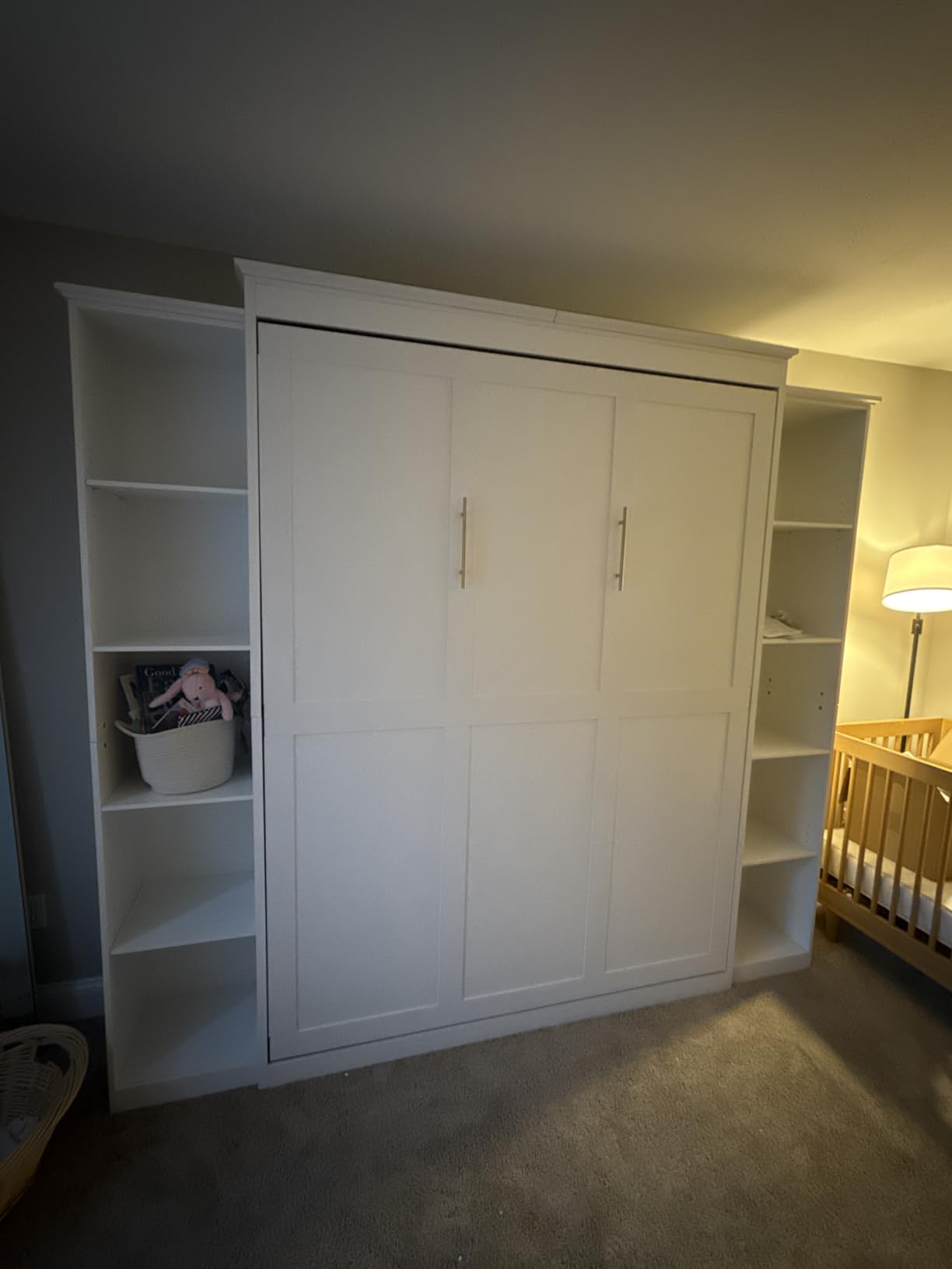 Rophefx Queen Murphy Bed Cabinet with 5-Tier Shelves, Wood Wall Bed, Grey | Foldable queen wall bed with five adjustable storage shelves saves floor space while adding practical storage to guest rooms customer photo 2