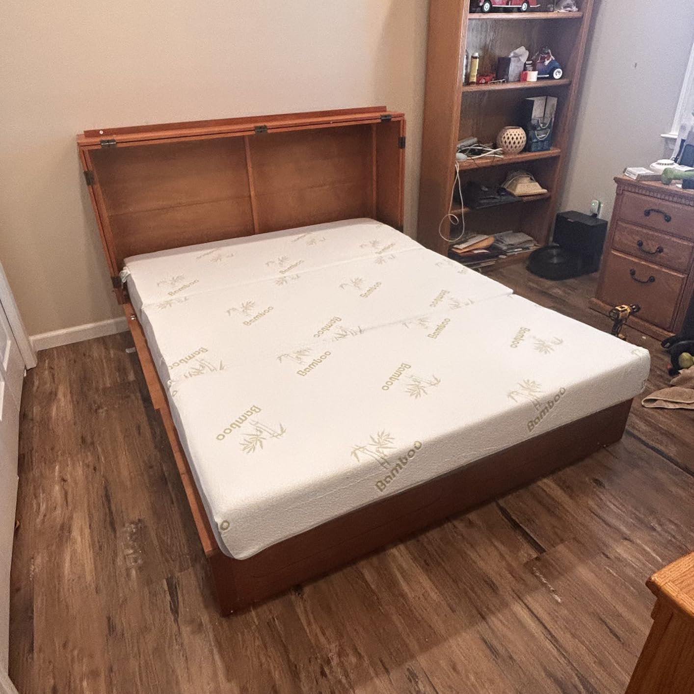 Mjkone Queen Murphy Bed Cabinet with Tri-Fold Mattress Included, Storage & Charging Station & Headboard Side Panel, 63
