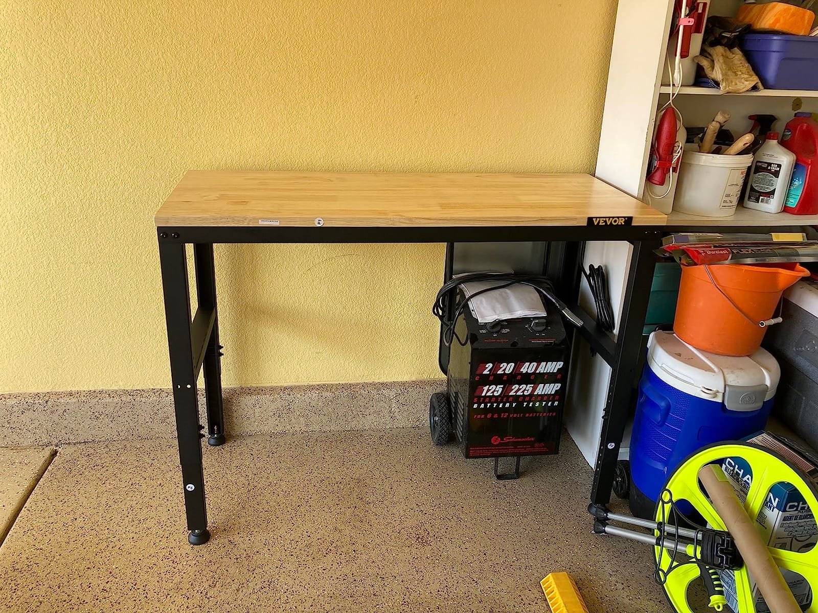VEVOR Adjustable Workbench on Wheels, 2000 lbs Capacity, 60 x 24 Inch Oak Wood Top Workbench with Drawer & Power Outlets, Heavy-Duty Hardwood Worktable for Garage, Workshop, Home, Office, Commercial customer photo 2