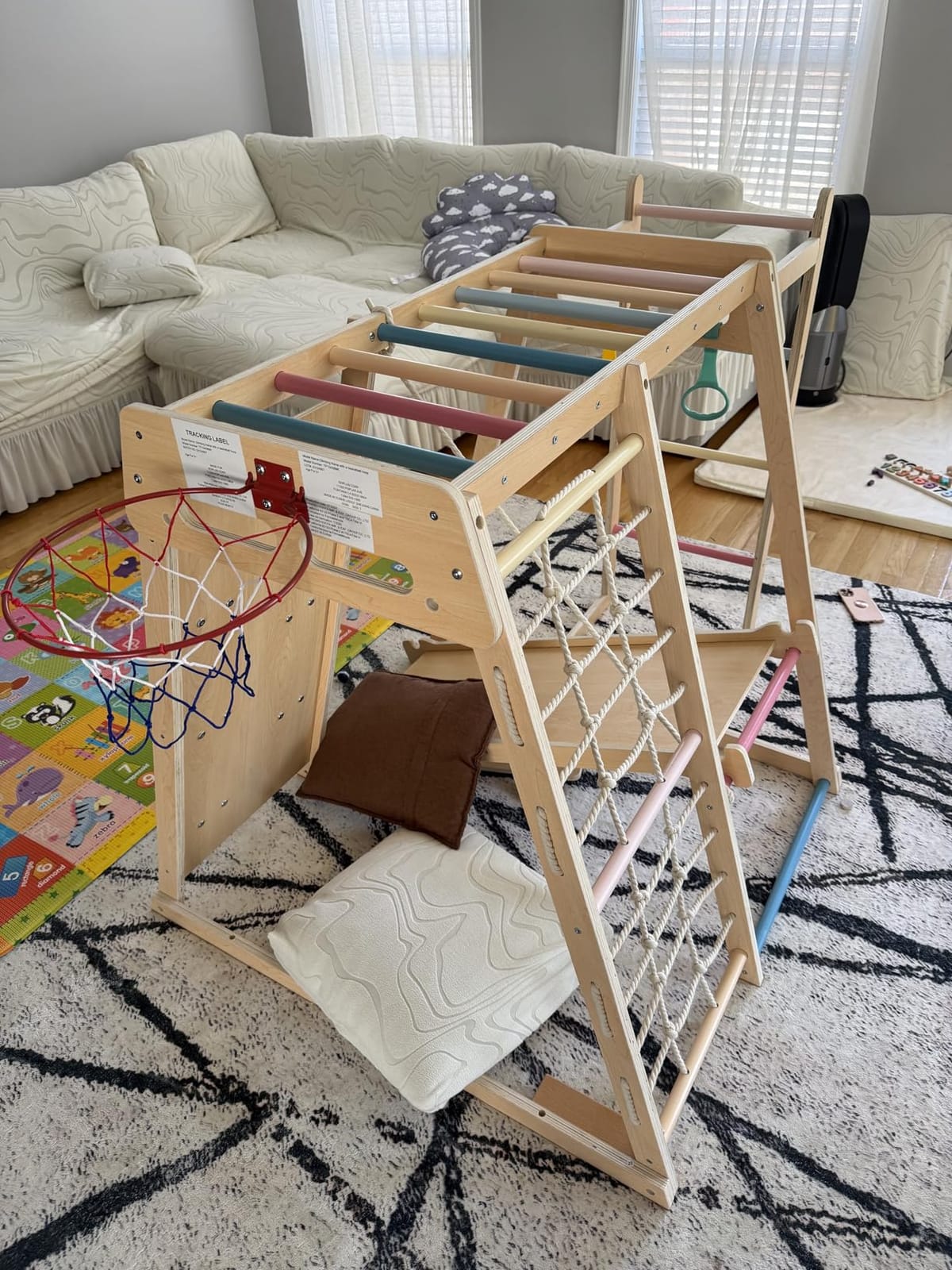 OLAKIDS Indoor Jungle Gym, 9 in 1 Wooden Montessori Baby Climbing Toys with Adjustable 2 Swings Ramp, Monkey Bar Basketball Hoop Ladder Climb Net (Natural) customer photo 1