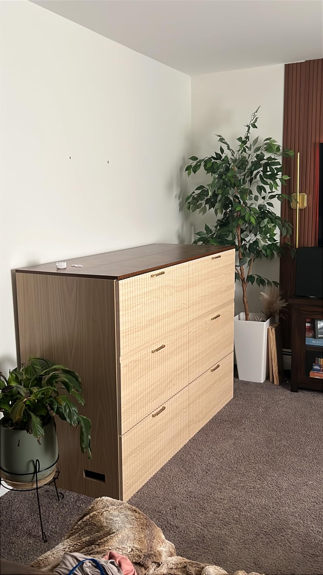 VINGLI Queen Murphy Bed with Storage Drawer,2 Charging Station,Rustic & Scandinavian Style Foldable Bed Cabinet,Hideaway Paltform Panel Bed for Small Room,Guest Room,Office,Apartment,Golden Brown customer photo 2