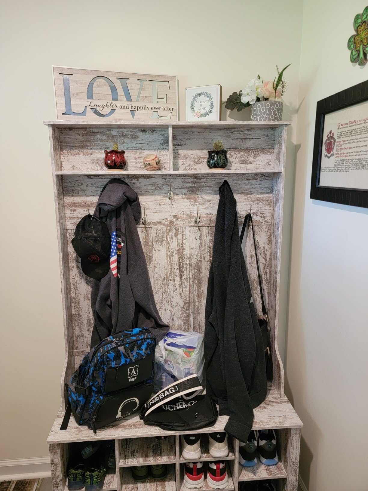 Itaar Hall Tree with Bench and Shoe Storage, 3-in-1 Entryway Bench with Coat Rack, Hall Tree with Adjustable Shoe Storage and Hanging Hooks, White and Brown (Black) customer photo 1