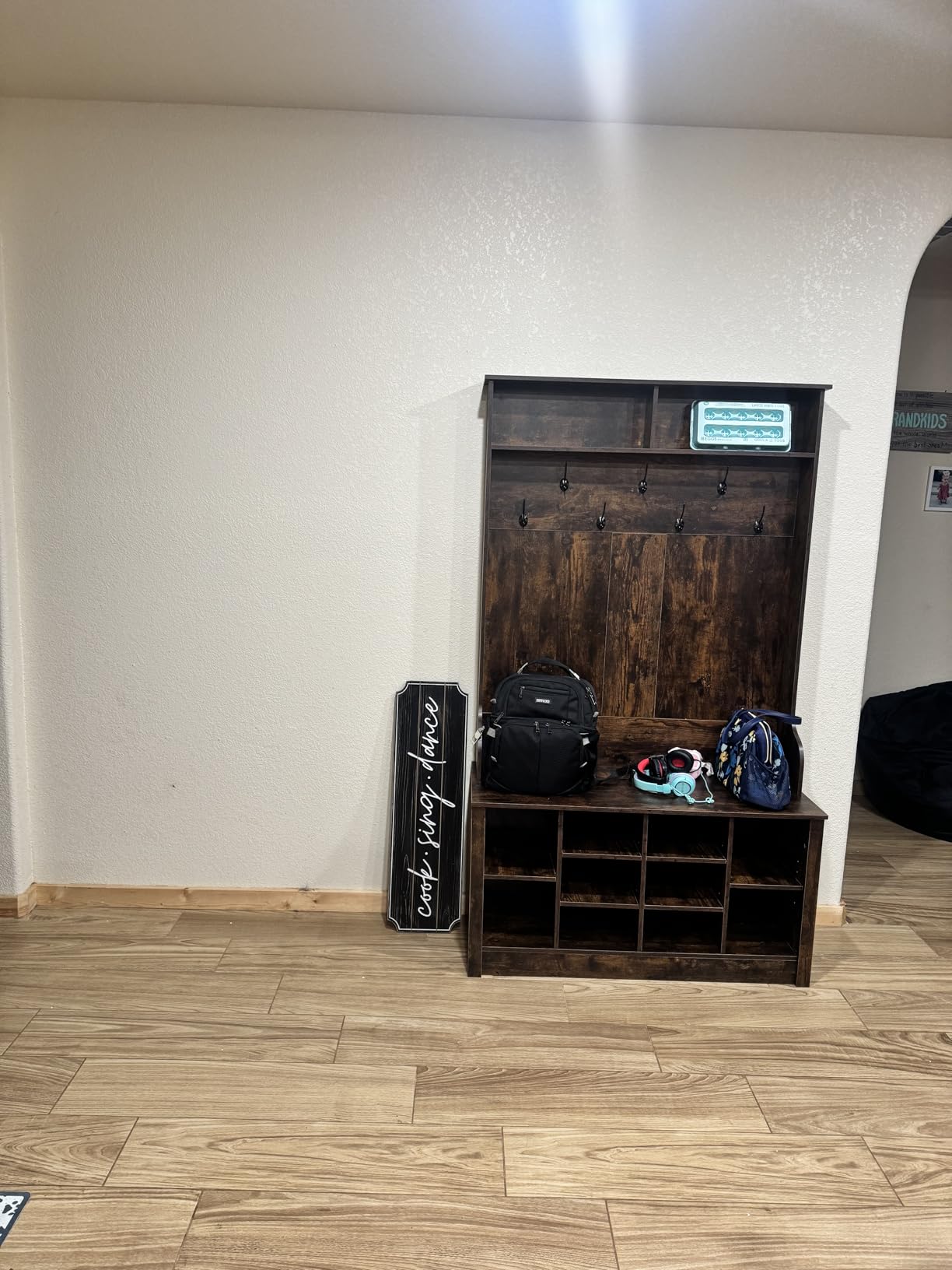 Itaar Hall Tree with Bench and Shoe Storage, 3-in-1 Entryway Bench with Coat Rack, Hall Tree with Adjustable Shoe Storage and Hanging Hooks, White and Brown (Black) customer photo 2