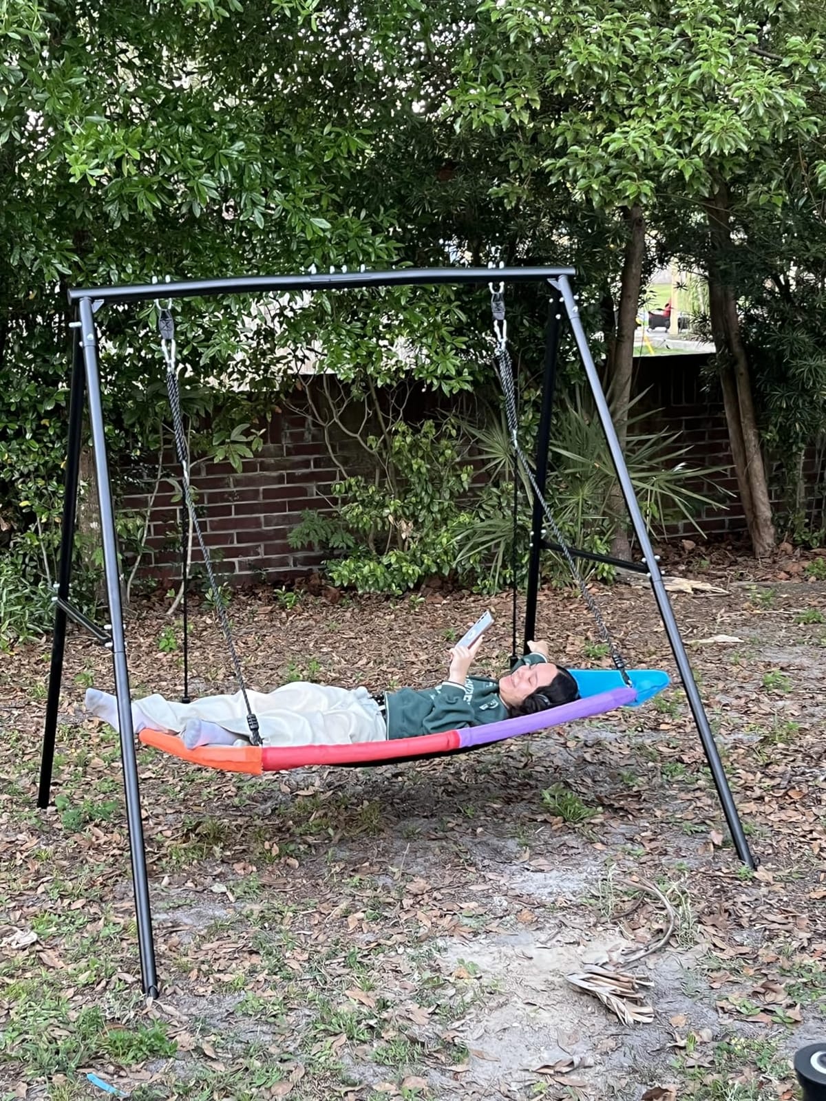 VEVOR Swing Set for Backyard, 45 x 30 in Swing Seat and Two Belt Seats, 7.2ft Tall, with Heavy Duty A-Frame Metal Stand, 700 lbs Load Capacity, with Spiral Ground Anchors, Swingset Outdoor for Kids customer photo 2