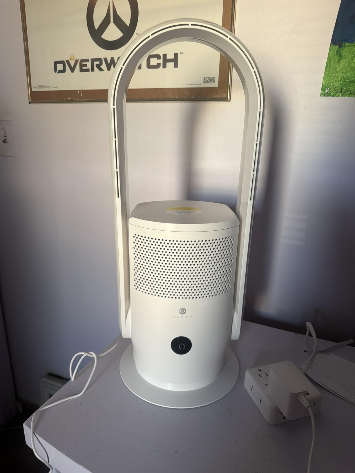 ULTTY Bladeless Tower Fan and Air Purifier Combo, Quiet Oscillating Fan with Remote & Touch Control, 9 Speeds, 8H Timer, HEPA Air Filter, Safe Floor Fan for Bedroom Home Office White, 23.5