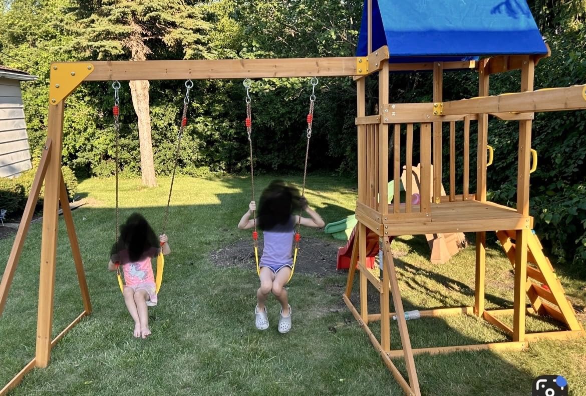 Wooden Swing Sets for Backyard with Monkey Bar, Outdoor Playset for Age 3-6 customer photo 2